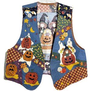 VTG Halloween Vest XL Mom Made Witches Pumpkins Ghosts Lightweight Artsy EUC